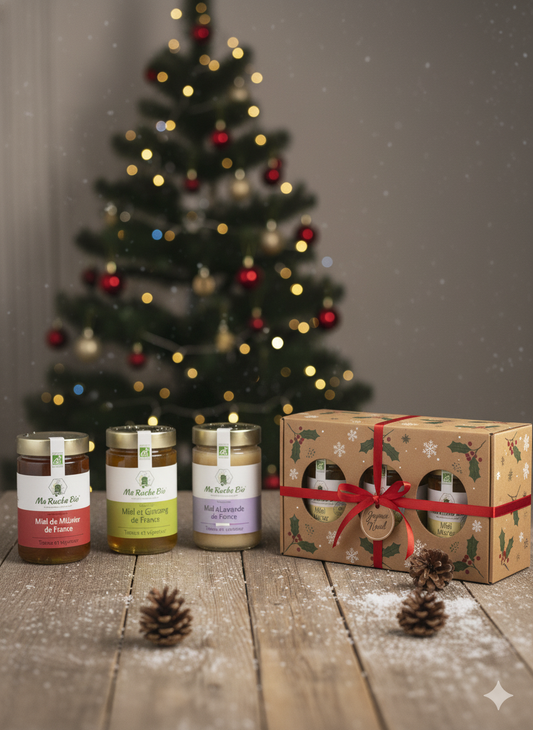 Coffret Cadeau Miel Bio Noël - 3 Pots Idée Cadeau Gourmande & Naturelle